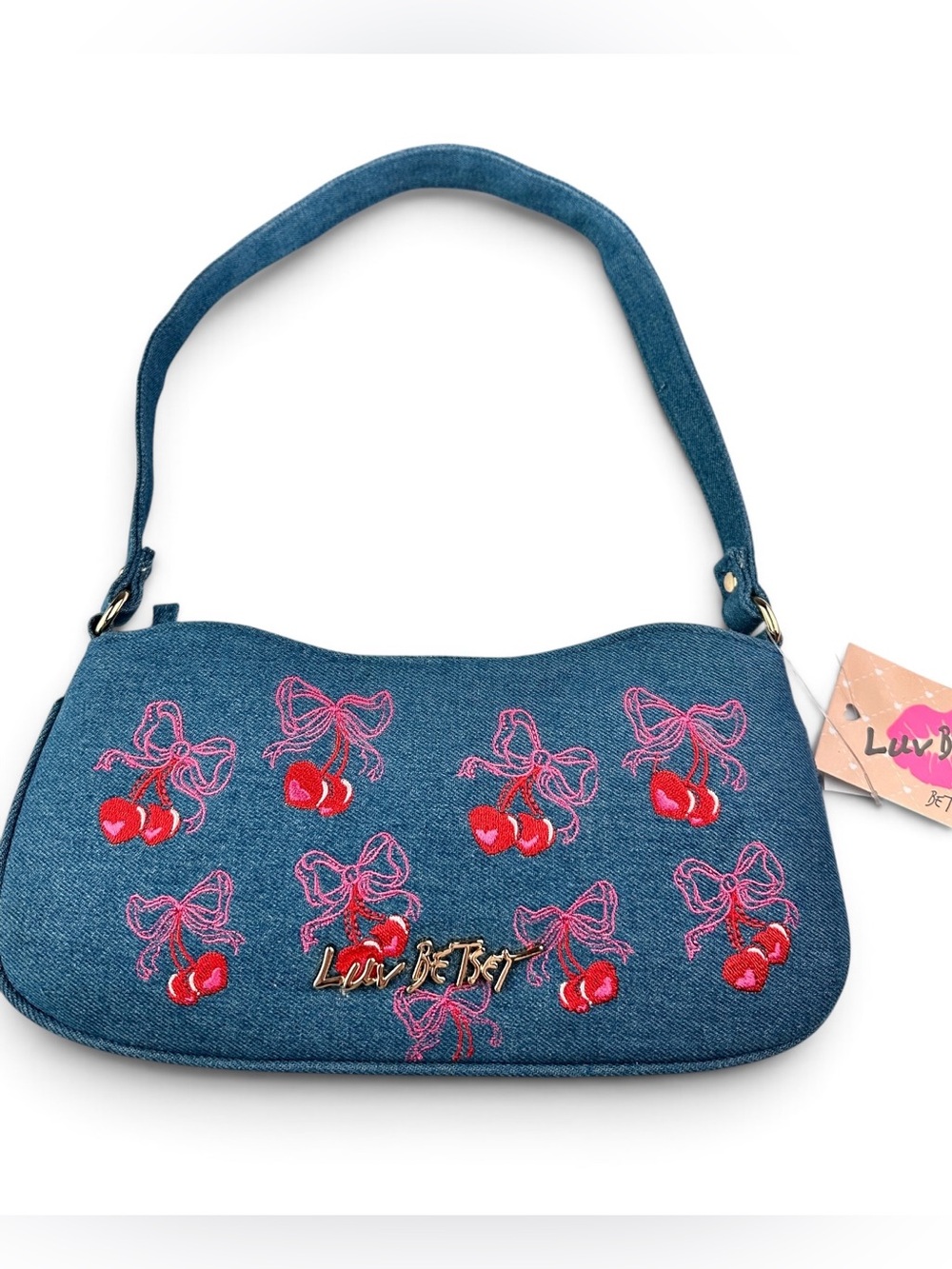 NWT Luv Betsey Betsey Johnson Carina Denim Cherry Bow Embroidered Shoulder Bag